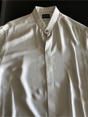 Giorgio Armani 100% Silk Cream-Striped Band Collar Shirt